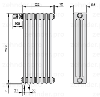Схема (чертеж) Радиатор Zehnder Charleston 4200/7 №V001 Белый глянцевый RAL 9016